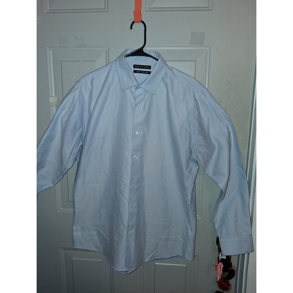 Saks Fifth Avenue Trim Fit Dress Shirt Blue Cotton Men's 16.5 34/35 Textured